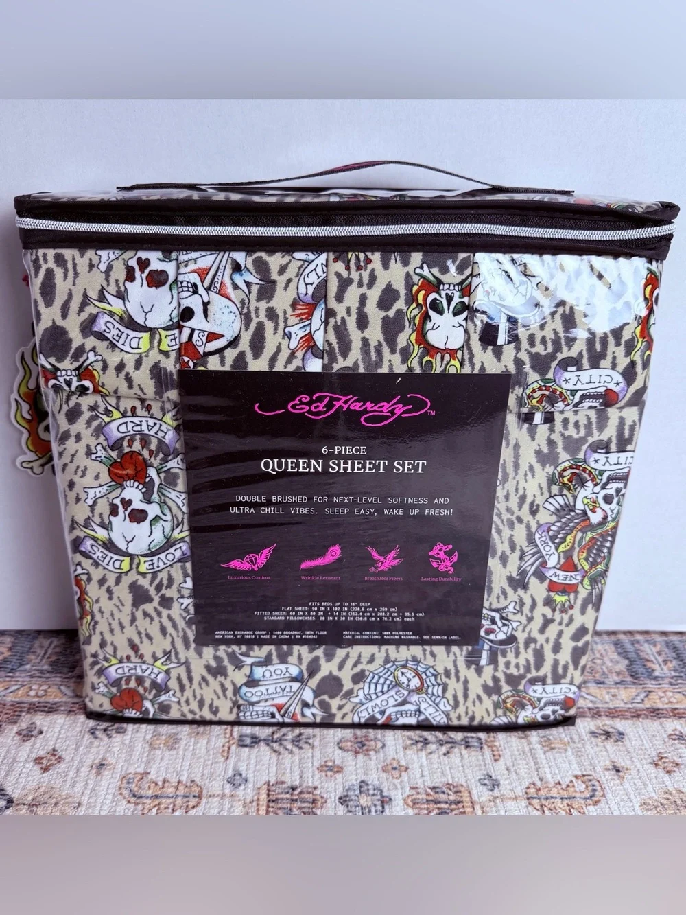 Ed Hardy Leopard Skull & Tiger Queen Sheet Set in Beige, Black, Red